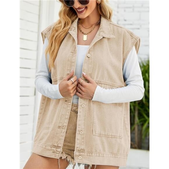 New Women's Cropped Distressed Denim Vest - Ripped Sleeveless Jean Jacket with - Picture 2 of 6